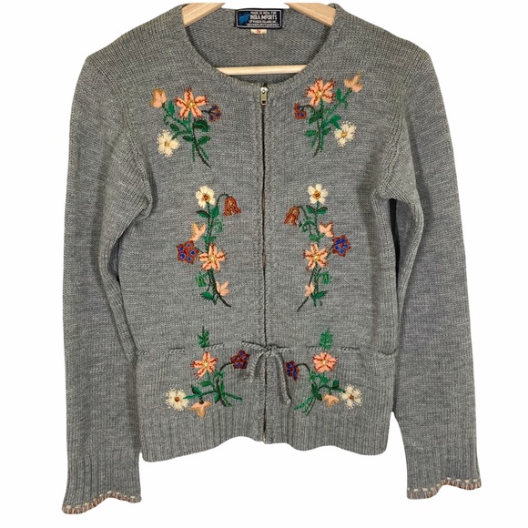 Vintage INDIA IMPORTS Small Knit Zip Cardigan Floral Embroidery Gray 70's 80s - Picture 9 of 9